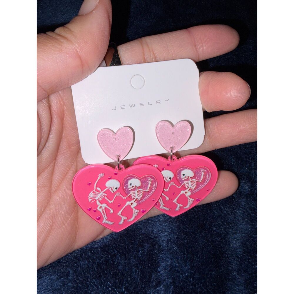 New Pink Skeleton Heart Dangle Earrings Halloween 304 Stainless Steel